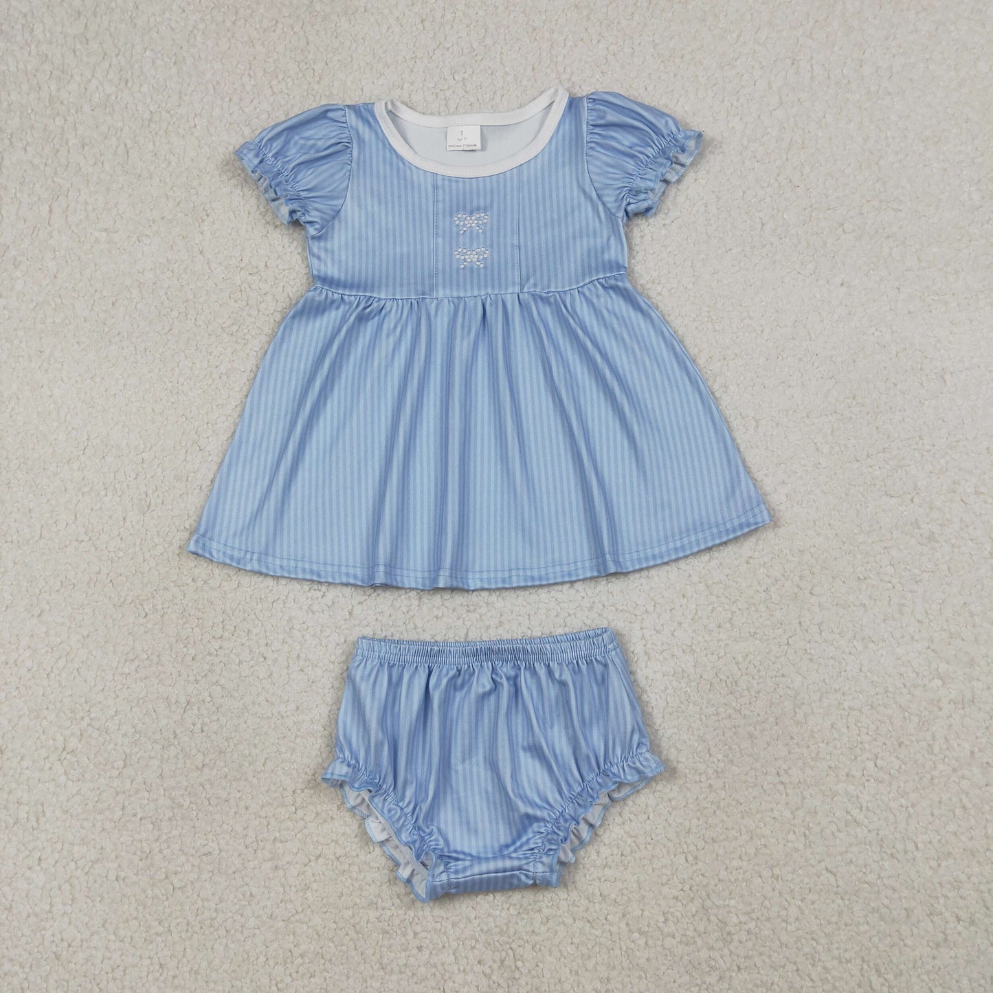 RTS Baby Girls Short Sleeves Embroidery Bows Stripes Tops Bummie Shorts Set
