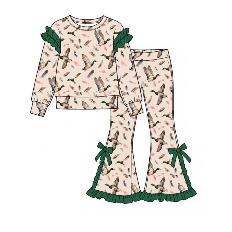 Moq 5 Preorder Baby Girls Kids Long Sleeves Ducks Shirt Bows Pants Set Hunting Clothes