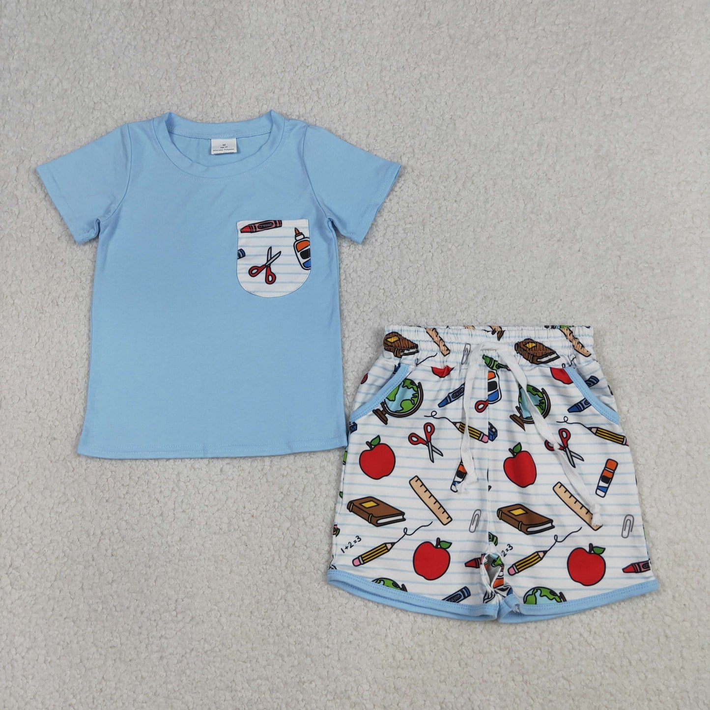 RTS Baby Boys Kids Short Sleeves Blue Shirt Apple Pencil Pockets Shorts Back to School Set