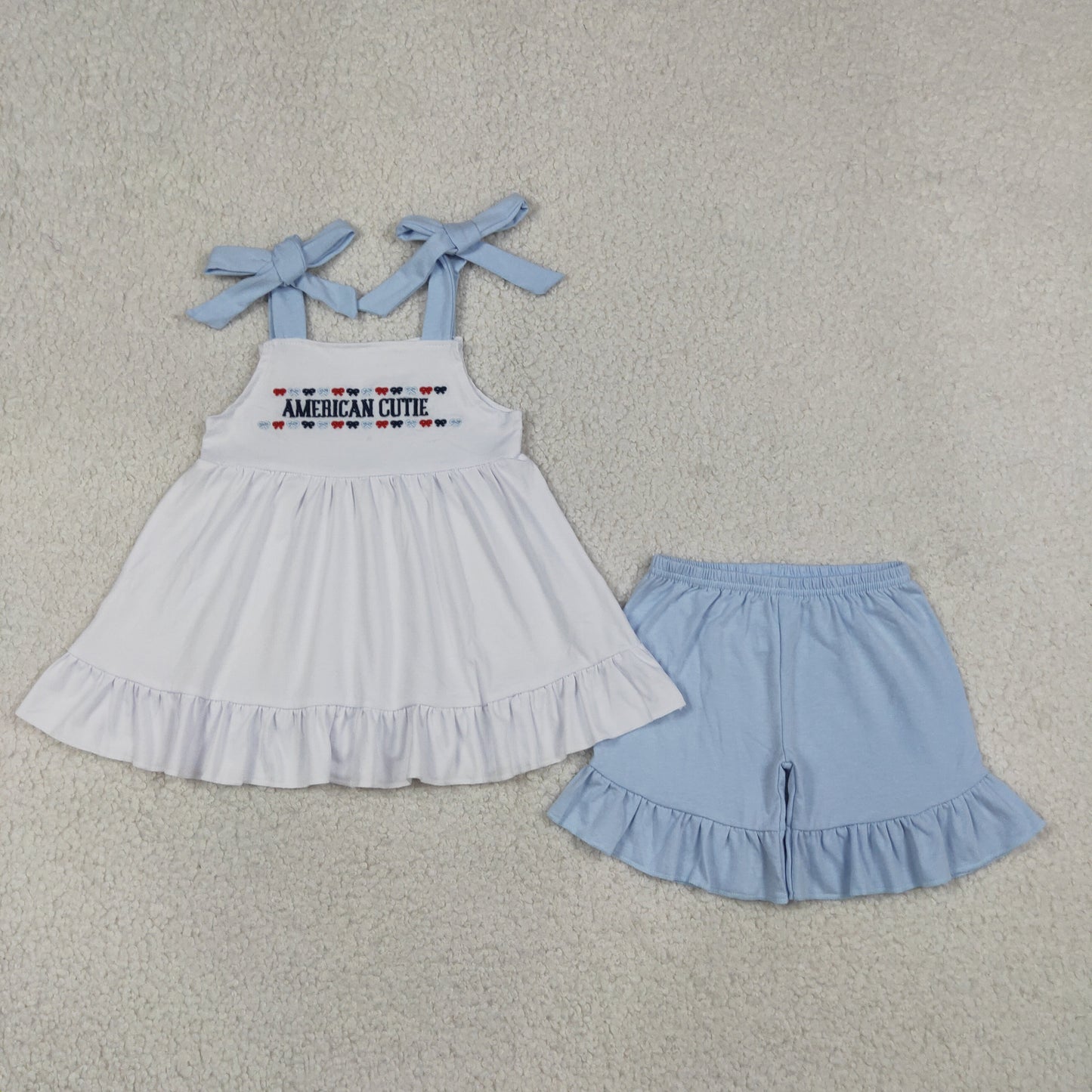 Baby Girls Kids Embroidery American Cutie Tunic Blue Ruffle Shorts 4th of July Set