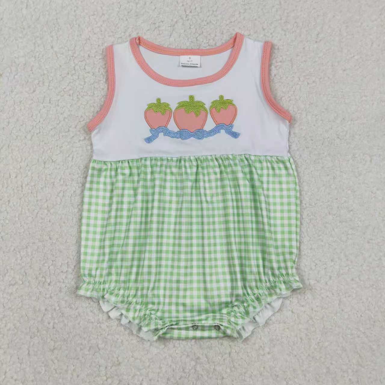 RTS Sibling Baby Girls Sleeveless Embroidery Strawberry Bows Green Plaid Bubble Romper Set