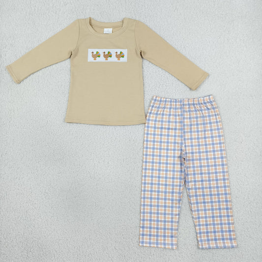 Baby Boys Kids Embroidery turkey Shirt Plaid Pants Set Thanksgiving Clothes