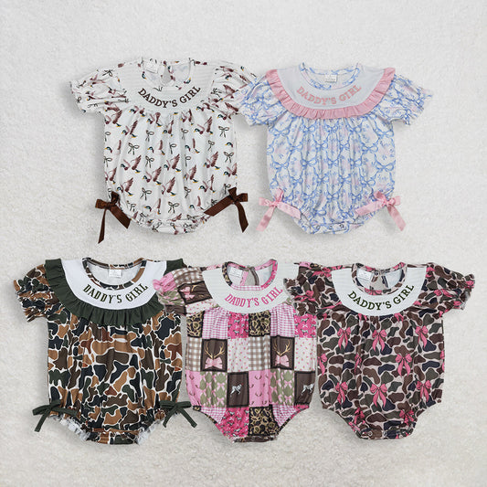 Sibling Baby Girls Kids Short Sleeves Embroidery Daddy's Girl Bubble Rompers Clothes