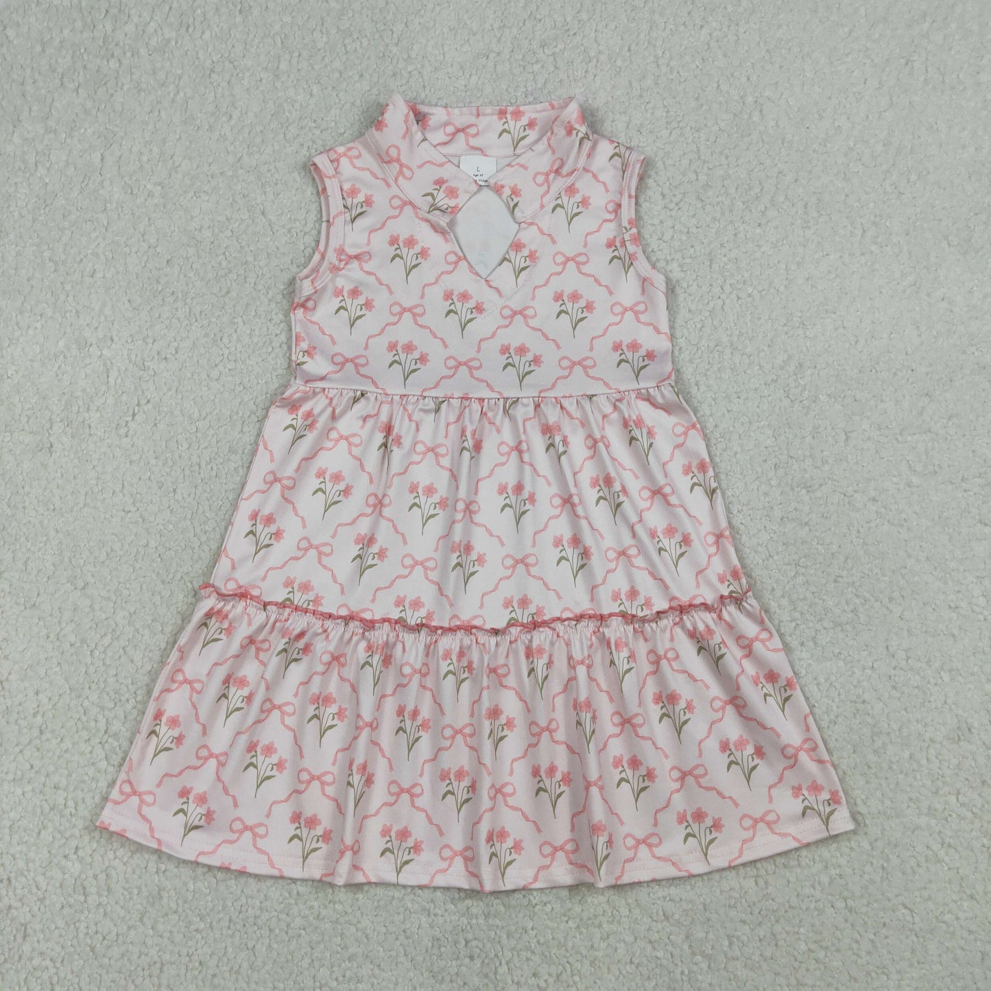 RTS Baby Girls Kids Sleeveless Pink Bows Flower Ruffle Knee Length Dress