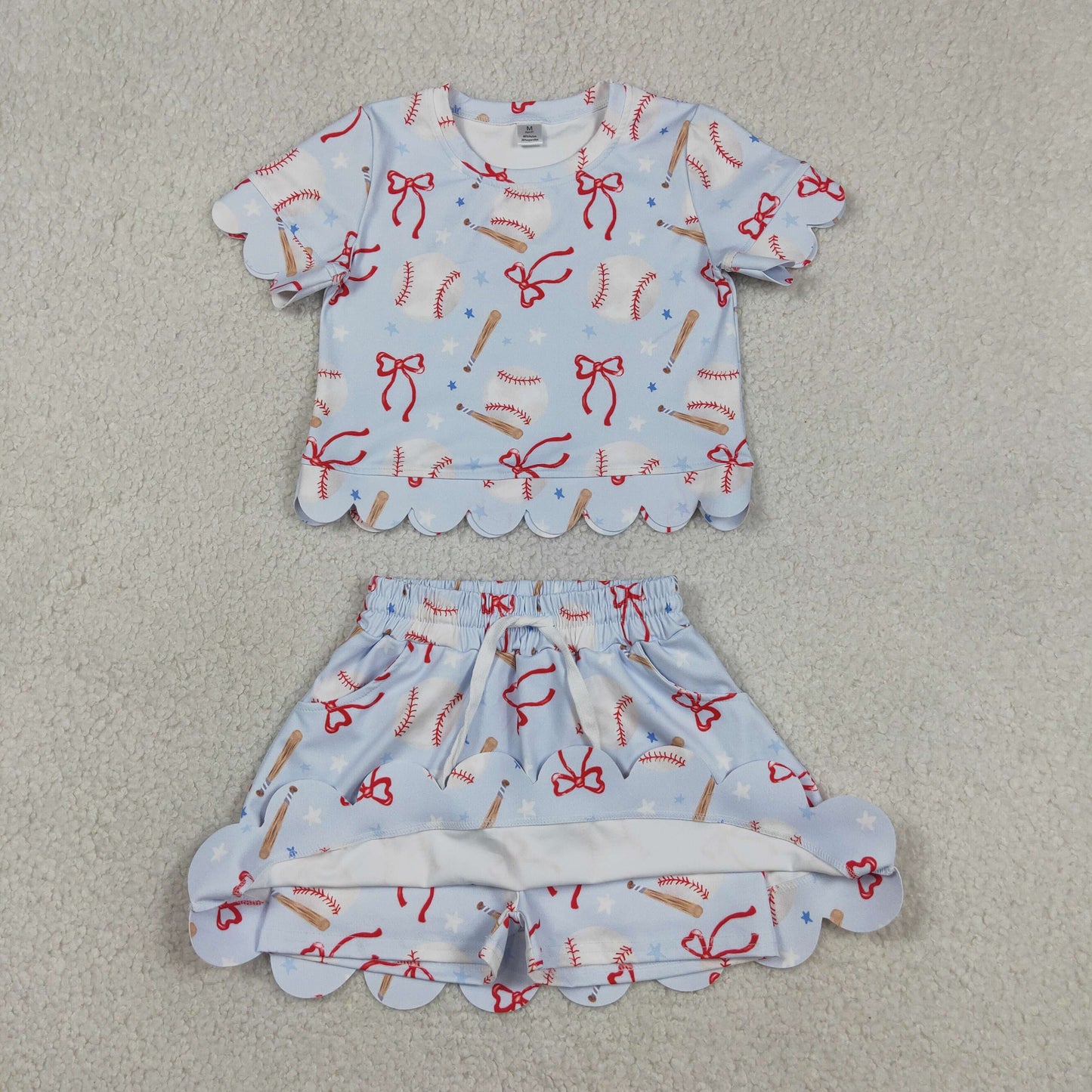 Baby Girls Short Sleeves Baseball Bows Shirt Shorts Skirt Yoga Active Blue Clothes Set