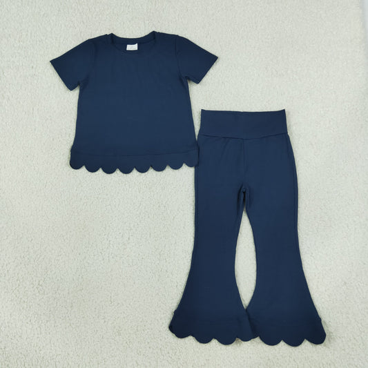 Baby Girls Kids Short Sleeves Navy Shirt Pants Scallop Set Clothes