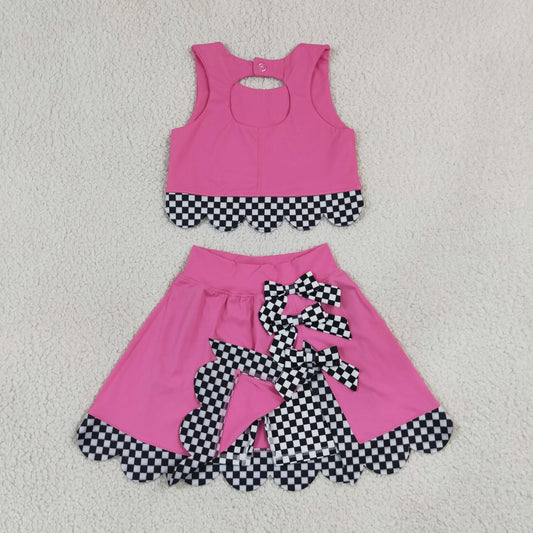 Baby Girls Kids Sleeveless Pink Tops Plaid Bows Skirt Shorts Yoga Set Clothes