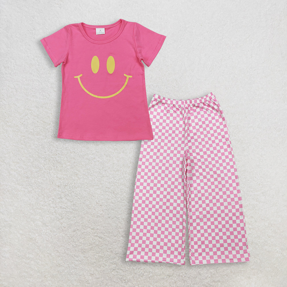 RTS Baby Girls Kids Short Sleeves Smile Shirt Pink Plaid Pants Clothes Set