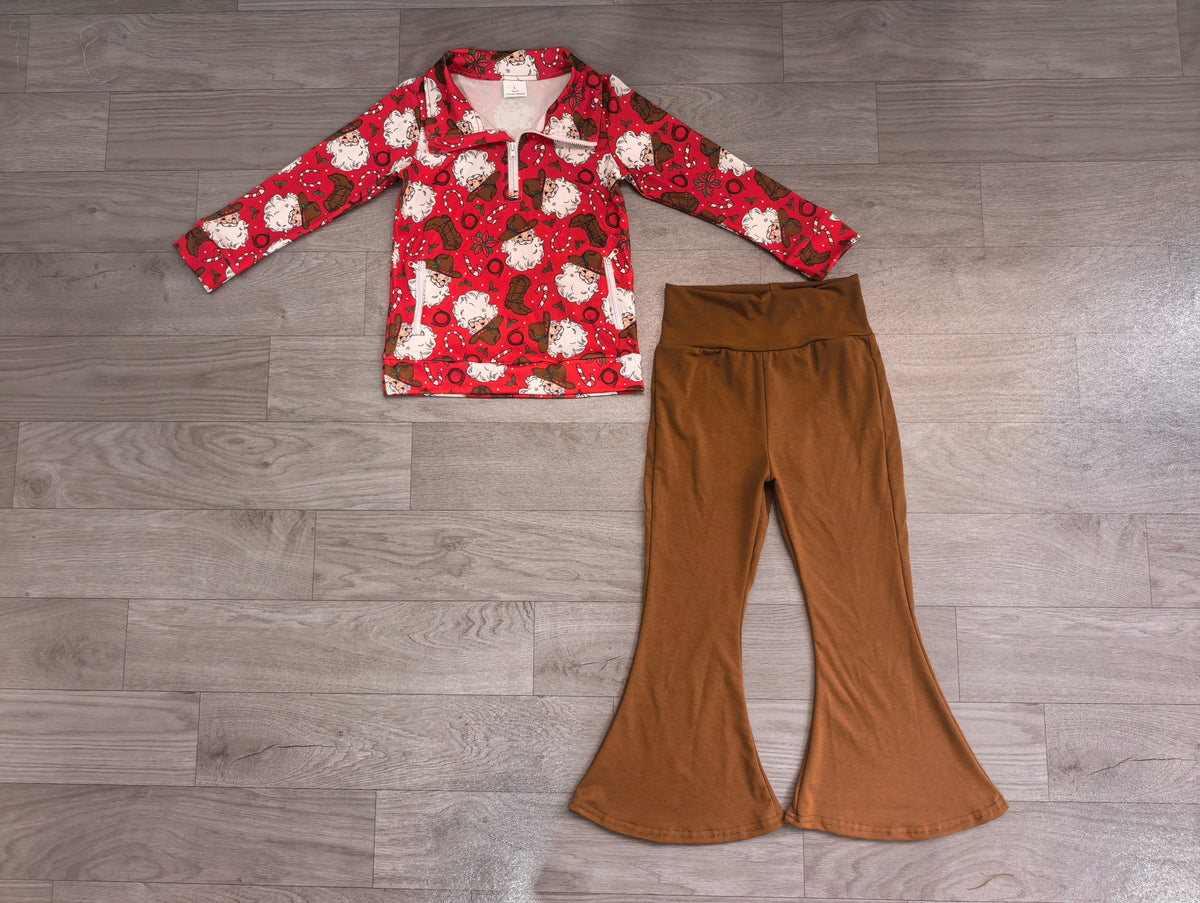 No moq Preorder Baby Girls Kids Christmas Santa Zipper Pockets Tops Brown Pants Set Clothes