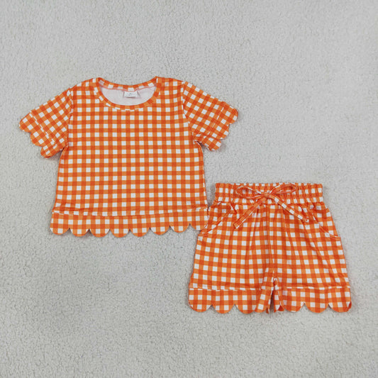 Sibling Baby Girls Kids Short Sleeves Plaid Shirts Scallop Shorts Sets Clothes