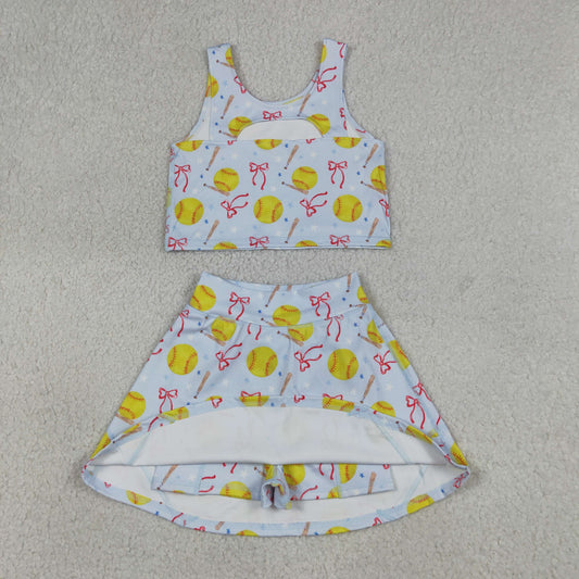 Baby Girls Kids Softball Bows Tops Blue Skirt Shorts Yoga Summer Set