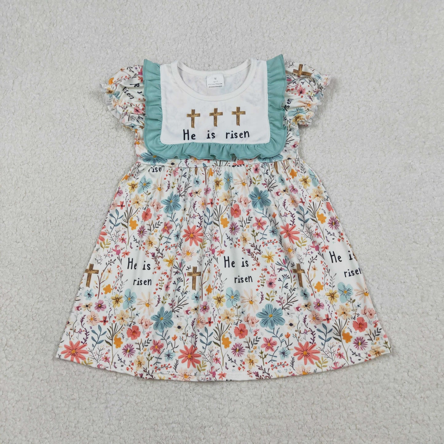 RTS Baby Girls Short Sleeves Crosses Flower Easter Knee Length Dress
