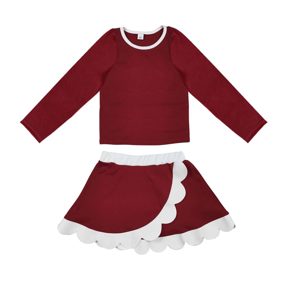 Moq 5 Preorder Baby Girls Kids Dark Red Shirt Black Scalloped Skirt Shorts Set Yoga Active Clothes