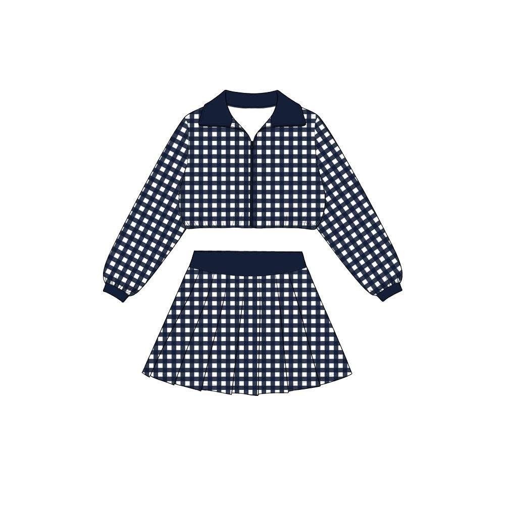 Moq 5 Preorder Baby Girls Kids Long Sleeves Navy Plaid Zipper Tops Skirt Shorts Set Yoga Active Clothes