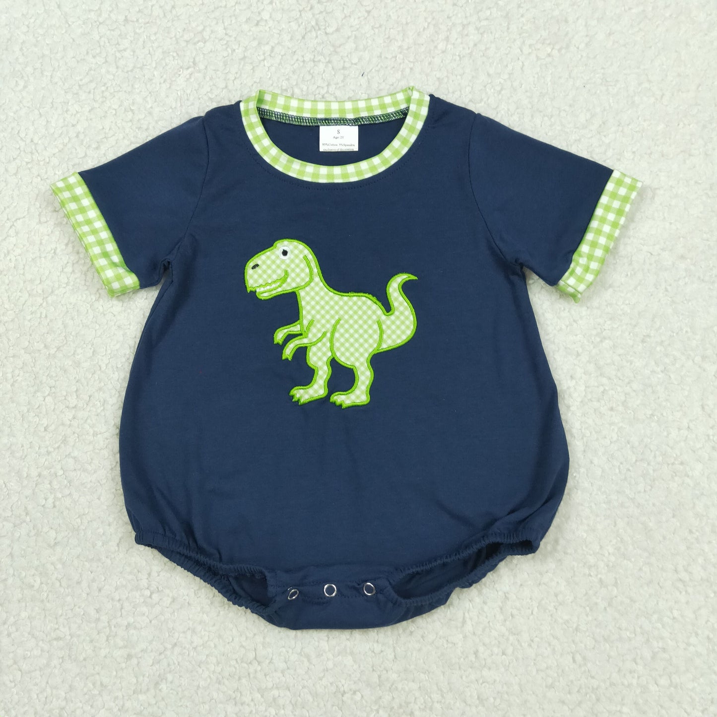 Baby Boys Infant Short Sleeves Embroidery Dinosaur Navy Bubble Romper