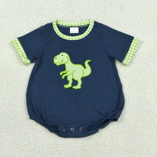 Baby Boys Infant Short Sleeves Embroidery Dinosaur Navy Bubble Romper