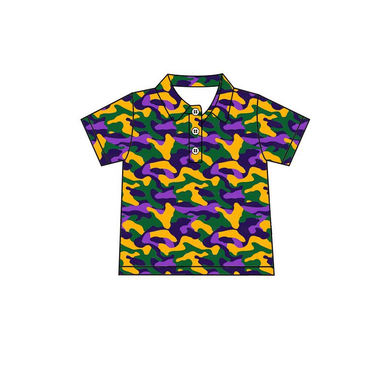 Moq 5 Preorder Baby Boys Kids Camo Short Sleeves Buttons Mardi Gras Shirt Tops Clothes