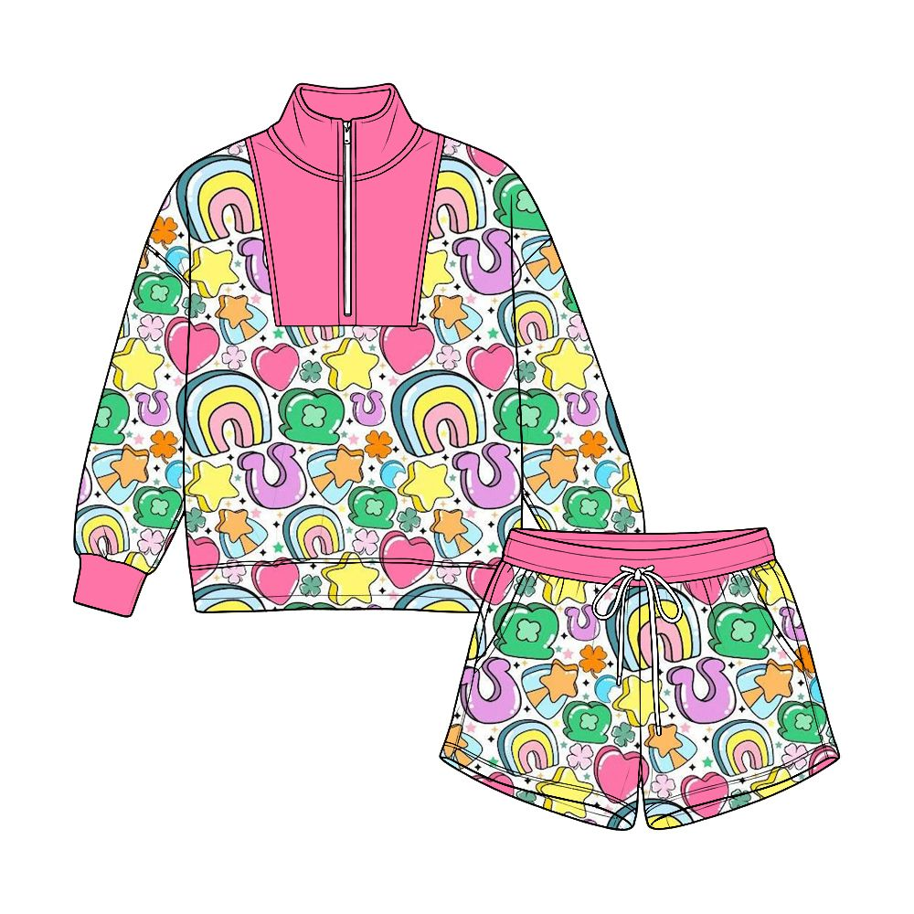 Moq 5 Preorder Baby Girls Kids Long Sleeves Zipper Shirt Pockets Shorts Set St Patrick Clothes