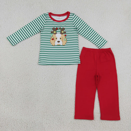Baby Boys Kids Embroidery Dog Stripes Shirt Red Pants Set Christmas Clothes