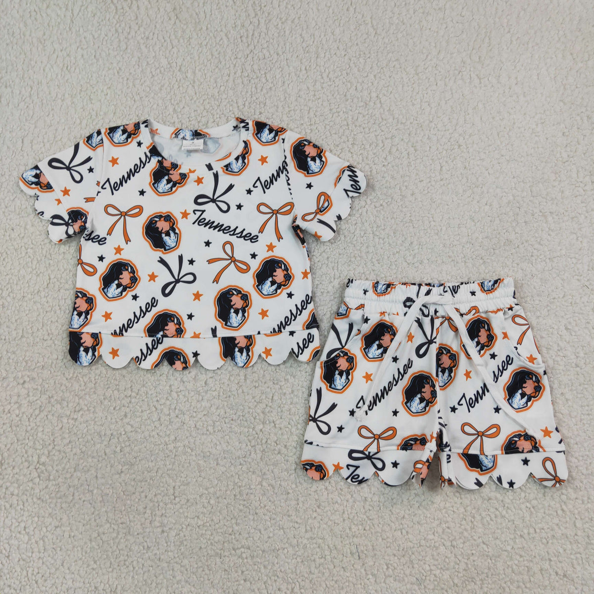 Baby Girls Kids Short Sleeves Bows Dogs Team Shirt Scallop Shorts Summer Set