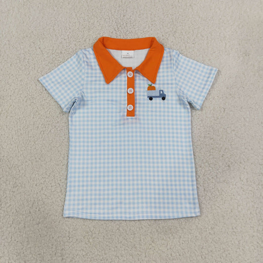 Baby Boys Kids Embroidery Pumpkin Truck Blue Plaid Buttons Shirt Kids Thanksgiving Clothes