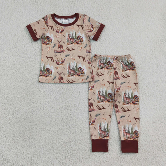 Baby Boys Kids Short Sleeves Deer turkey Shirt Pants Pajamas Hunting Set