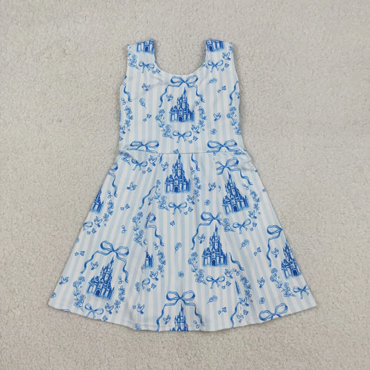 Sibling Baby Girls Kids Sleeveless Castles Bows Floral Shorts Knee Length Dresses