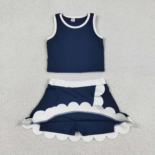 GSD4024 Baby Girls Kids Shirt Scallop Skirt Shorts Yoga Active Navy Set Clothes