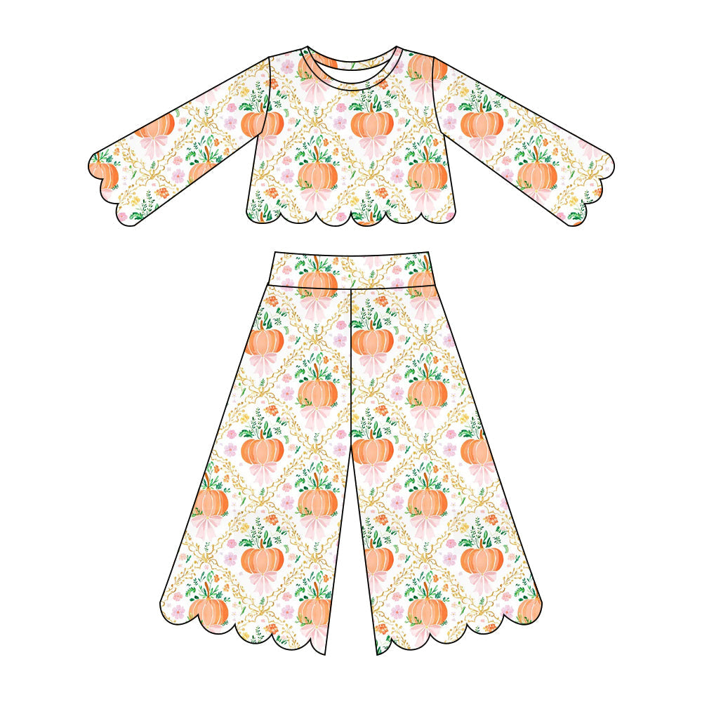 Preorder ( Moq 5 ) Baby Girls Kids Pumpkins Bows Flower Shirt Scallop Pants Set Fall Clothes