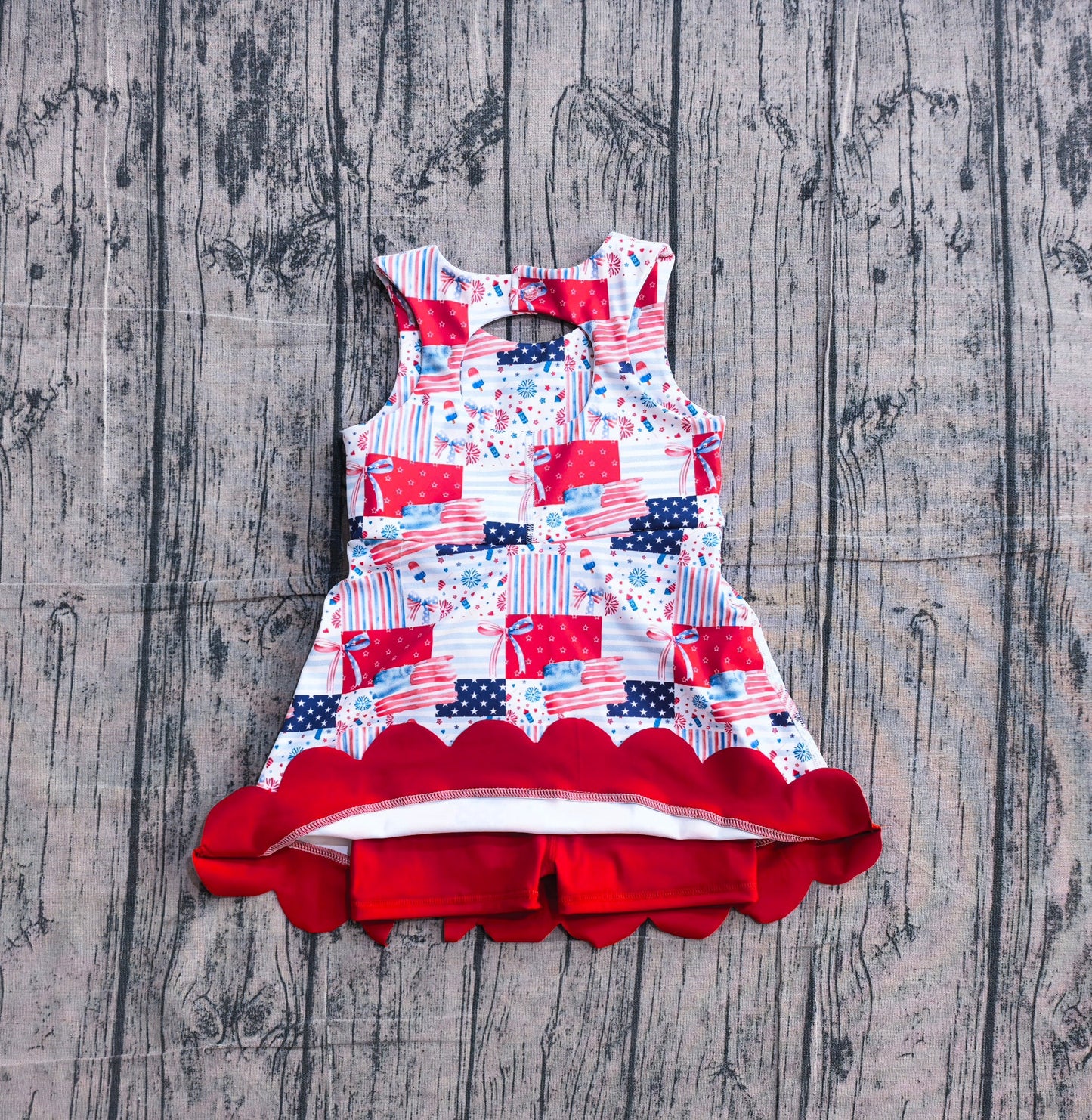 Preorder Baby Girls Flags Bows Stars 4th of July Yoga Active Shorts Knee Length Scallop Dress
