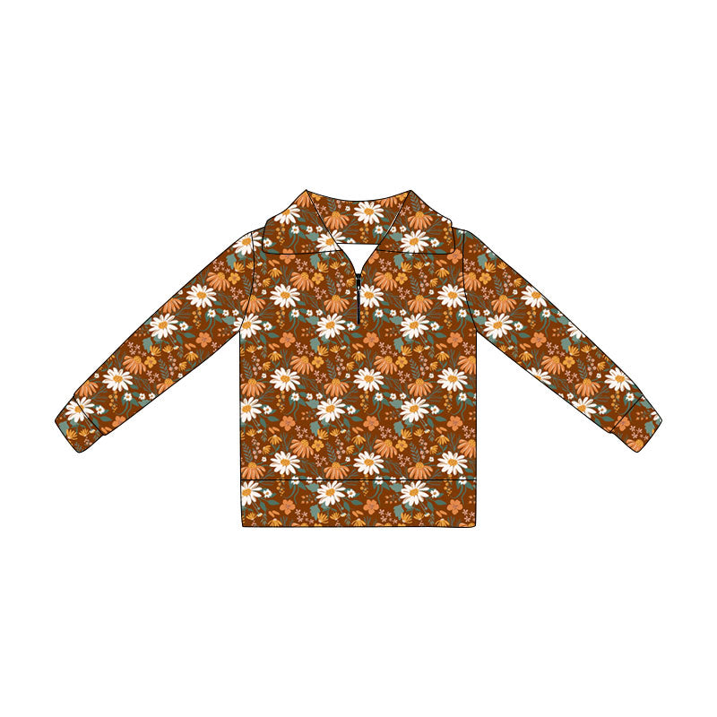 Preorder Baby Girls Kids Long Sleeves Flower Zipper Pullover Fall Shirt ( Moq 5 )