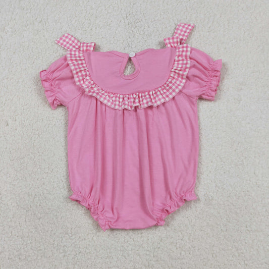 RTS Baby Girls Infant Short Sleeves Embroidery Cross Easter Smocked Pink Bubble Romper