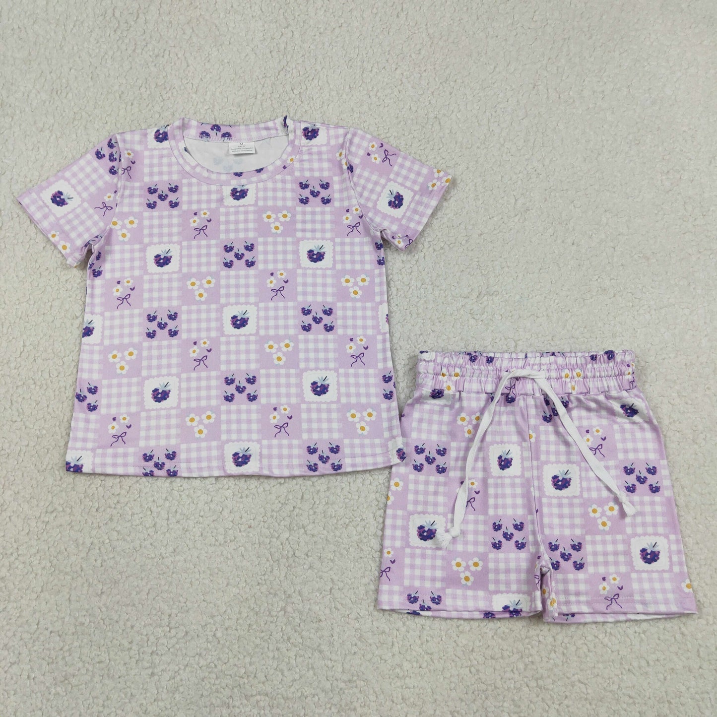 Baby Girl Kids Short Sleeves Flower Purple Plaid Shirt Shorts Set Summer Clothes