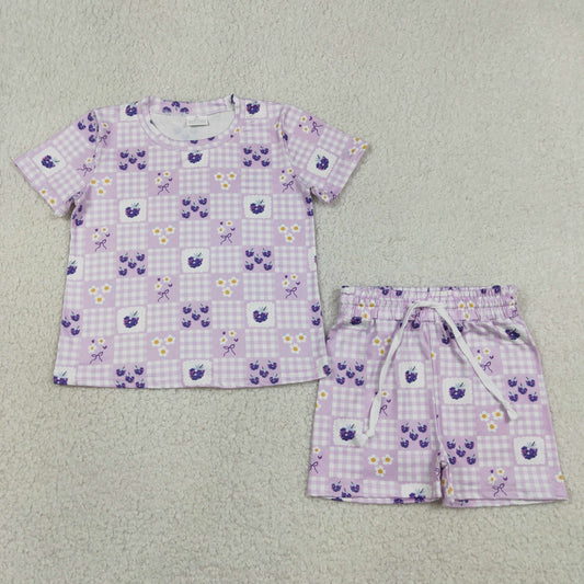 Baby Girl Kids Short Sleeves Flower Purple Plaid Shirt Shorts Set Summer Clothes