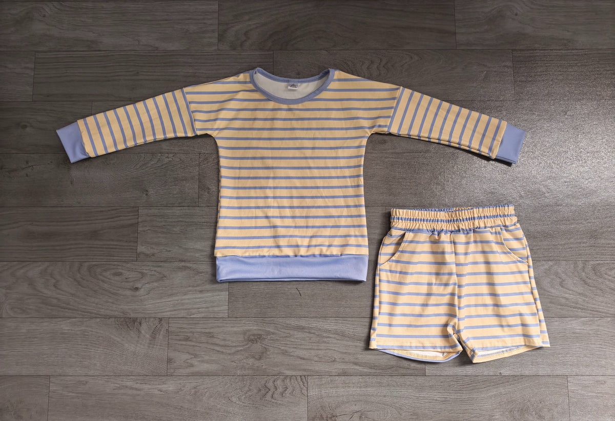 No moq Preorder Baby Girls Kids Long Sleeves Yellow Blue Stripes Shirt Shorts Set Yoga Active Clothes