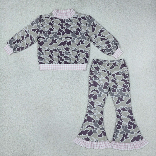 Baby Girls Kids Long Sleeves Plaid Pullover Dark Grey Camo Bell Pants Set Mock Neck Clothes