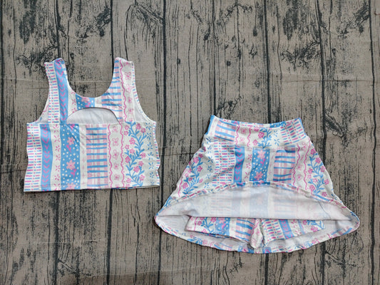Preorder Baby Girl Sleeveless Floral Yoga Active Wear Shirt Shorts Skirt Skort Clothes Set