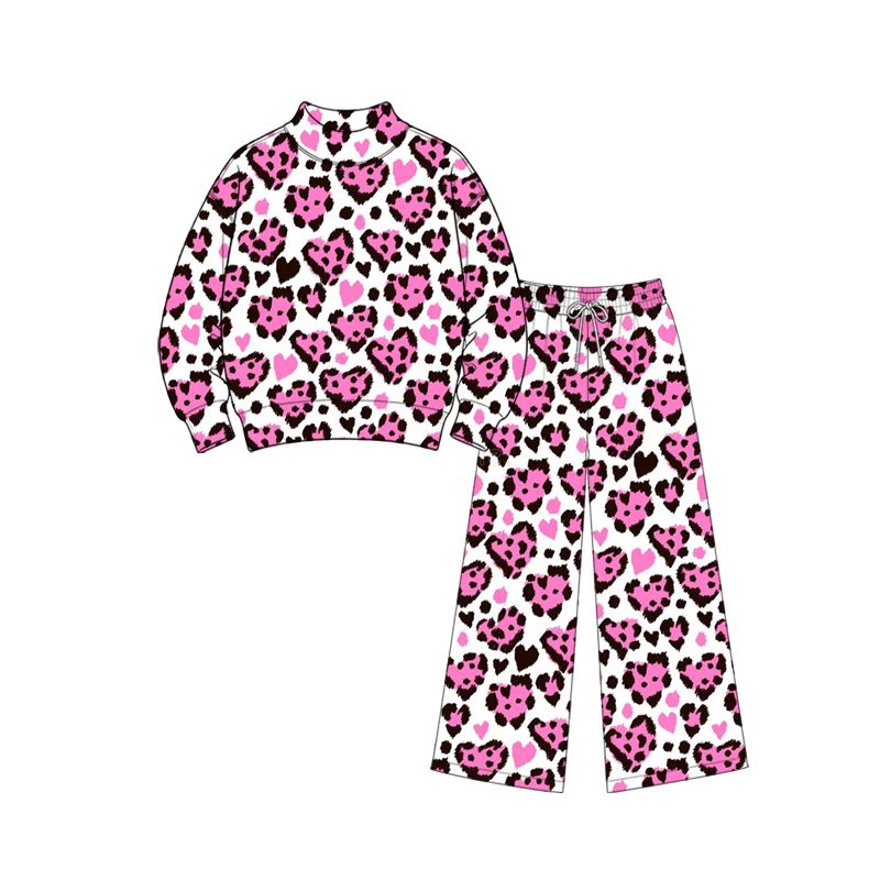 Moq 5 Preorder Baby Girls Kids Long Sleeves Hearts Leopard Shirt Pants Set Valentine Clothes
