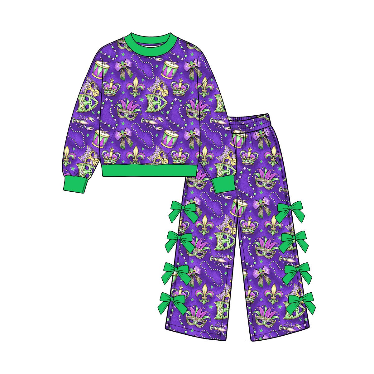 Moq 5 Preorder Baby Girls Kids Long Sleeves Masks Shirt Bows Pants Set Mardi Gras Clothes