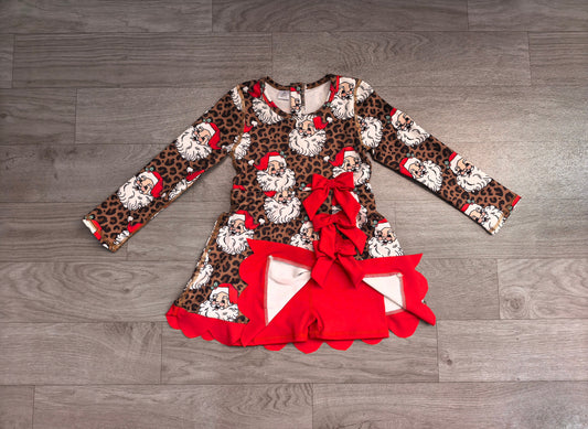 No moq Preorder Baby Girls Kids Long Sleeves Christmas Santa Leopard Bows Scallop Dress Yoga Active Clothes