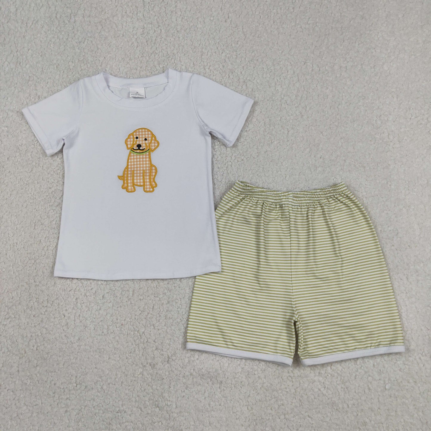 Baby Boys Kids Short Sleeves Embroidery Dog Shirt Green Stripes Shorts Set