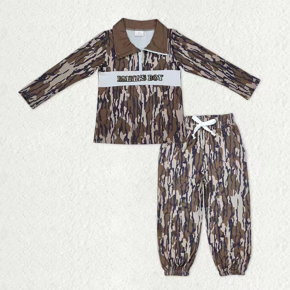 Baby Boys Long Sleeves Embroidery Mama's Boy Shirt Pockets Jogger Pants Camo Clothes Set