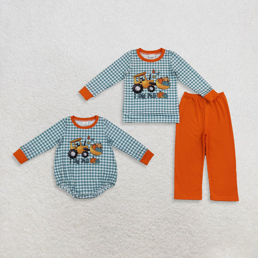 Sibling Baby Boys Kids Long Sleeves Pumpkins Tractor Plaid Romper Set Fall Clothes