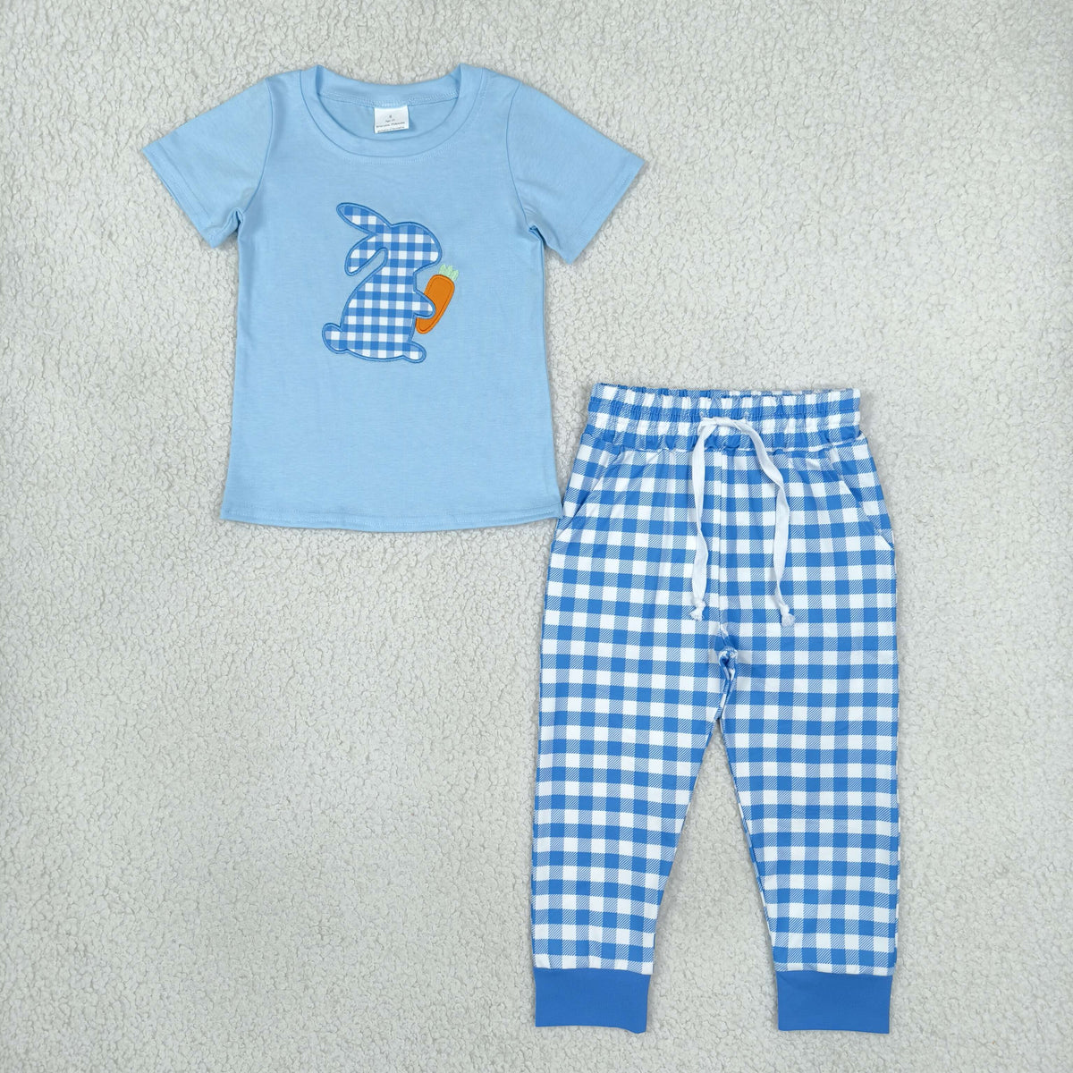 Baby Boys Kids Embroidery Rabbit Carrot Shirt Blue Plaid Pockets Pants Easter Set RTS