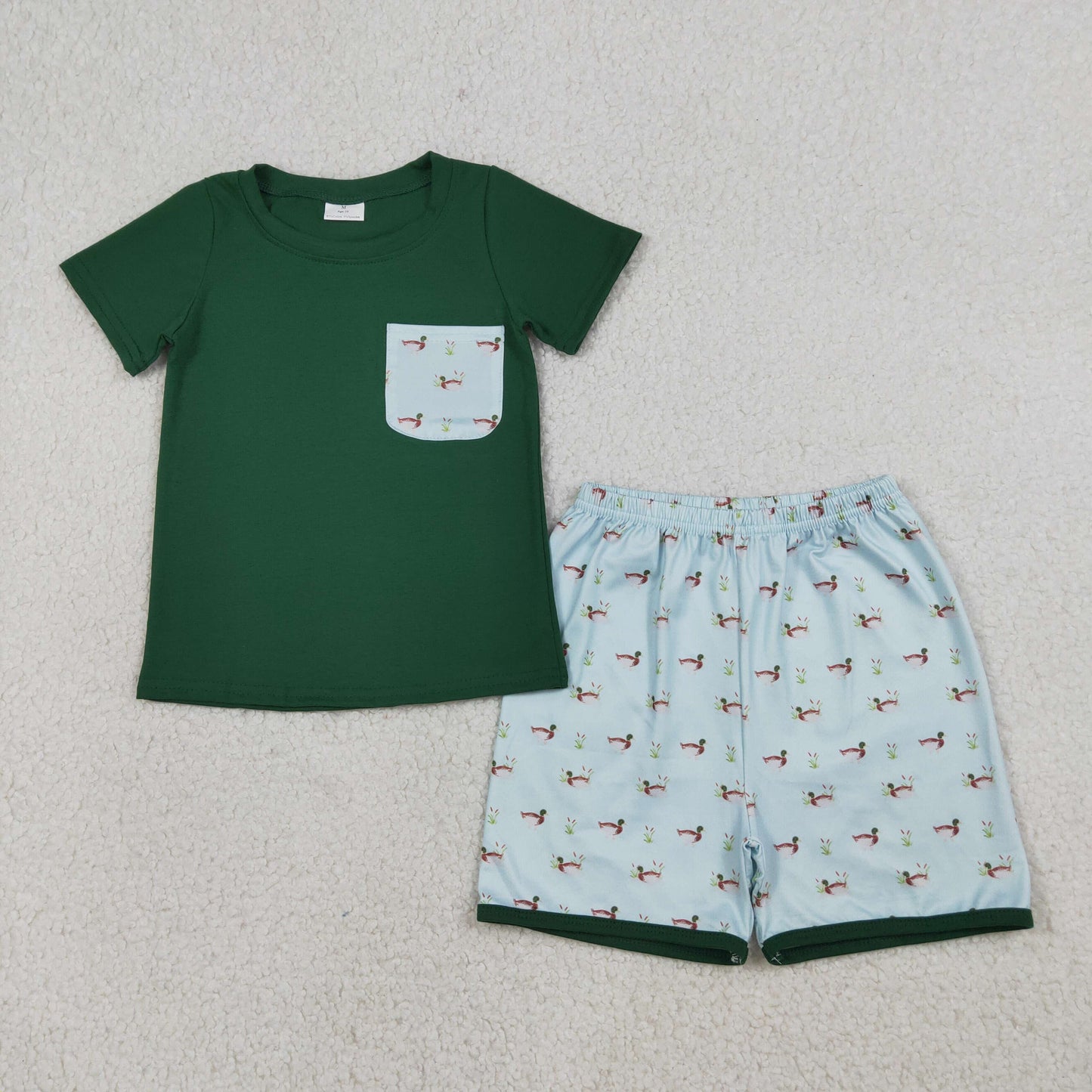 RTS Baby Boys Kids Green Short Sleeves Pocket Shirt Ducks Shorts Clothes Set