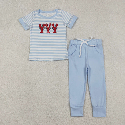 Sibling Baby Boys Kids Short Sleeves Embroidery Crawfish Blue Stripes Romper Set