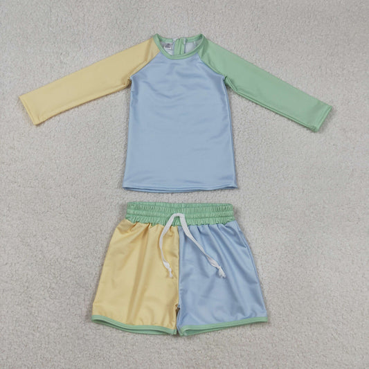 RTS Baby Boys Long Sleeves Zipper Shirt Blue Yellow Shorts Set Swimsuit
