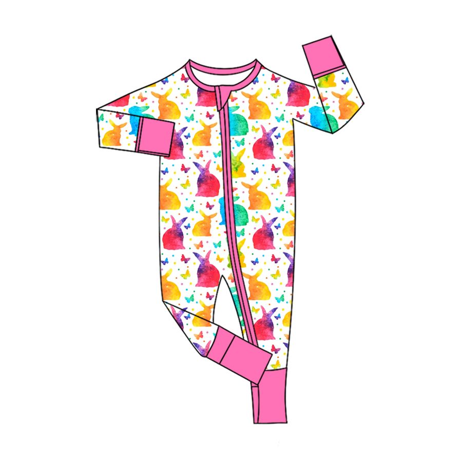 Moq 5 Preorder Baby Girls Kids Long Sleeves Rabbits Zipper Footie Romper Easter Clothes