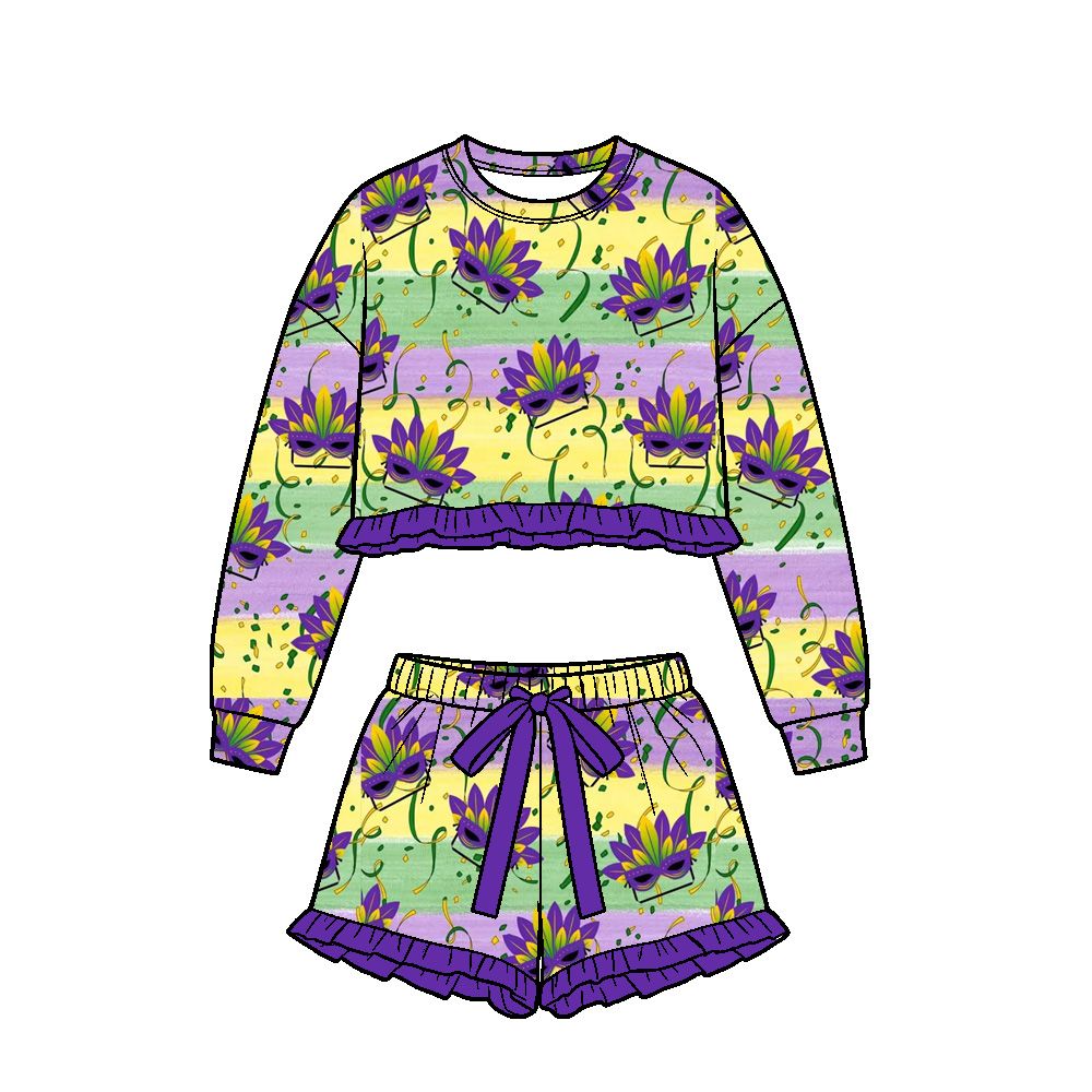 Moq 5 Preorder Baby Girls Kids Long Sleeves Masks Stripes Shirt Shorts Set Mardi Gras Clothes