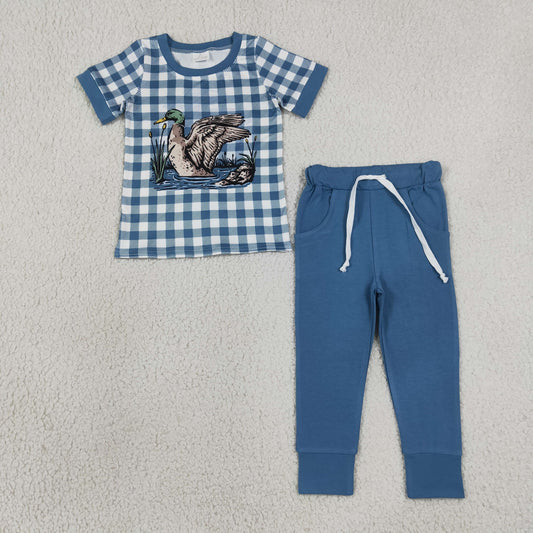 Sibling Baby Boys Short Sleeves Ducks Plaid Shirts Pockets Pants Sets Clothes